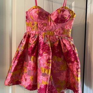 Showpo Floral Pink and Yellow Strapless mini jacquard Dress